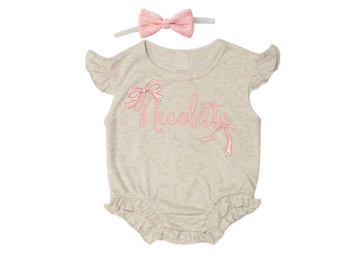 SET - Personalized Name Baby Outfit Ruffle Bubble Romper. Baby Shower Gift. New Born Bring Home Outfit.