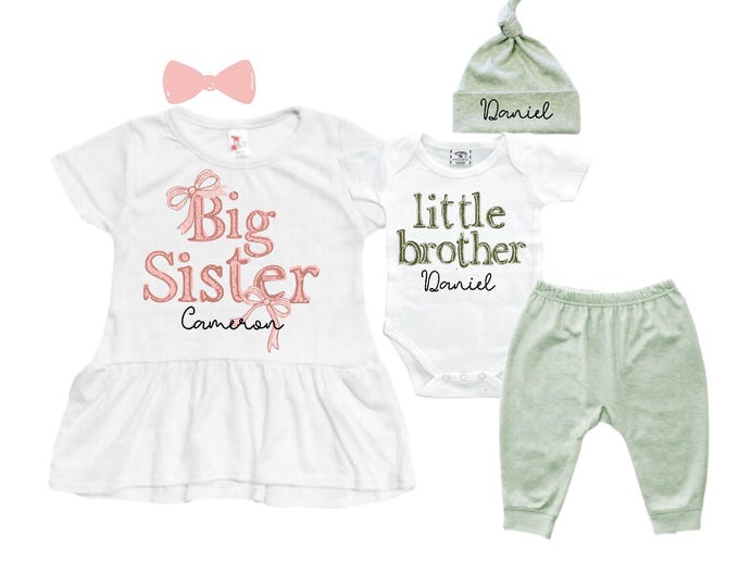Big Sister Little Brother Sibling Set: Peplum Shirt, Bodysuit, Pants, Headband, Beanie