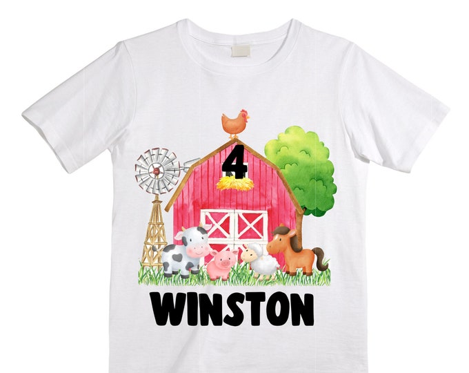 Personalized Farm Barn Farm Animal Tractor theme Birthday Shirt. Four Birthday. Boy's Farm Birthday Shirt. Tractor Birthday Shirt.