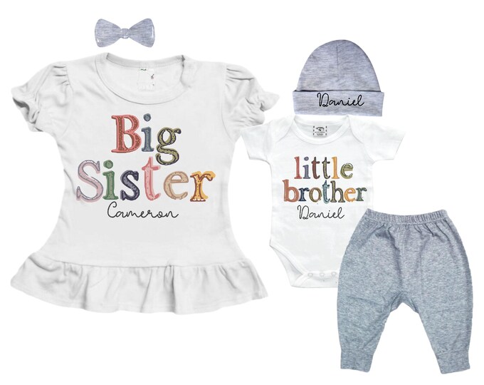 Big Sister Little Brother Sibling Set: Peplum Shirt, Bodysuit, Pants, Headband, Beanie