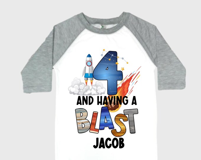 Personalized Space Birthday FOUR Astronaut theme Birthday Shirt. FOUR Birthday. Boy's Birthday Shirt. Spaceship Space ship Birthday Shirt.