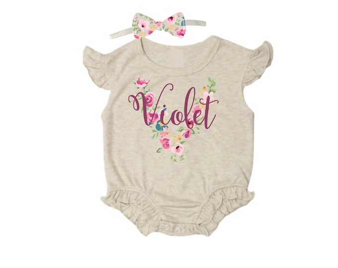 SET - Personalized Name Baby Outfit Ruffle Bubble Romper. Baby Shower Gift. New Born Bring Home Outfit.