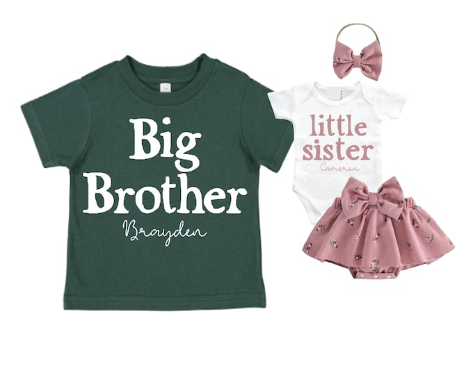 Complete SET - Big Brother Little Sister Matching Sibling Set. Baby Shower, Newborn Outfit, Name Announcement
