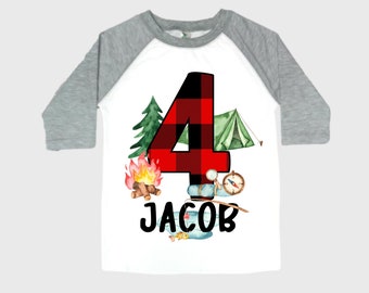 Personalized Camping. Camp theme Birthday Shirt. Happy Camper Birthday. Camper Shirt . FOUR Birthday. Boy's Camp Birthday. adventure shirt