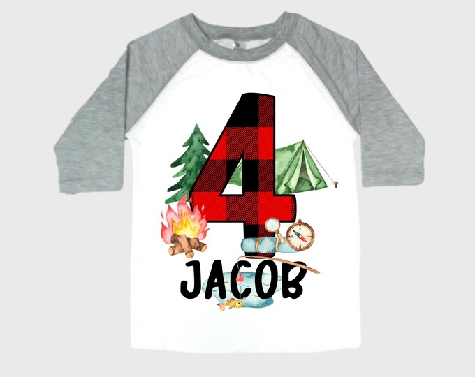 Personalized Camping. Camp theme Birthday Shirt. Happy Camper Birthday. Camper Shirt . FOUR Birthday. Boy's Camp Birthday. adventure shirt