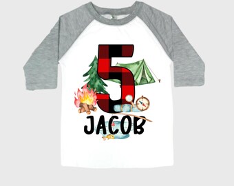 Personalized Camping. Camp theme Birthday Shirt. Happy Camper Birthday. Camper Shirt . FIVE Birthday. Boy's Camp Birthday. adventure shirt