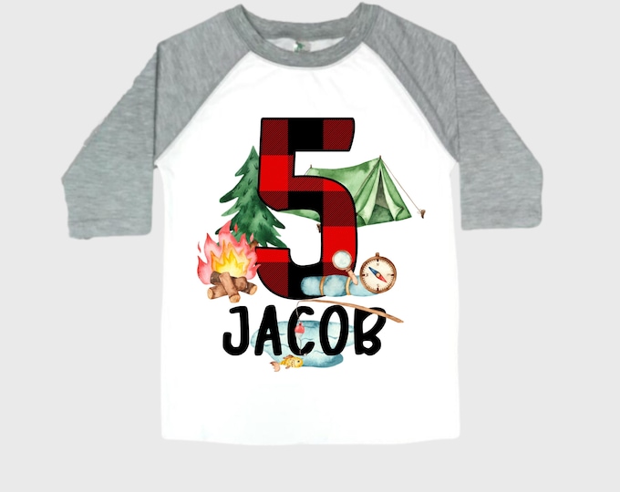 Personalized Camping. Camp theme Birthday Shirt. Happy Camper Birthday. Camper Shirt . FIVE Birthday. Boy's Camp Birthday. adventure shirt