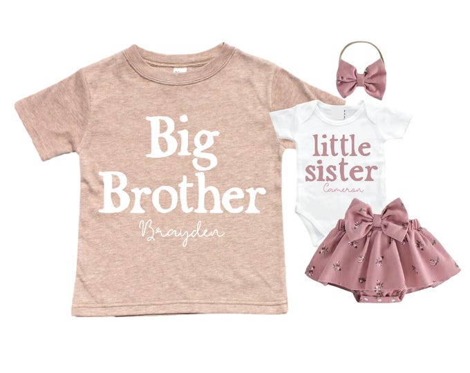 Complete SET - Big Brother Little Sister Matching Sibling Set. Baby Shower, Newborn Outfit, Name Announcement