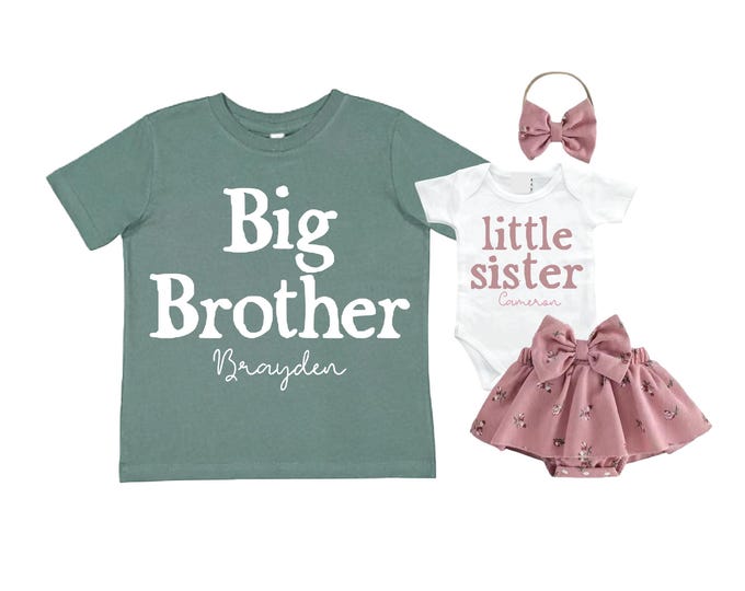 Complete SET - Big Brother Little Sister Matching Sibling Set. Baby Shower, Newborn Outfit, Name Announcement