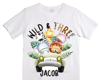 Personalized Let's Get Wild Birthday Shirt. THREE Birthday. Boy's Truck Birthday Shirt. Safari Birthday Shirt.