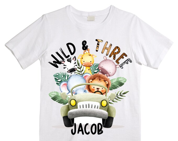 Personalized Let's Get Wild Birthday Shirt. THREE Birthday. Boy's Truck Birthday Shirt. Safari Birthday Shirt.