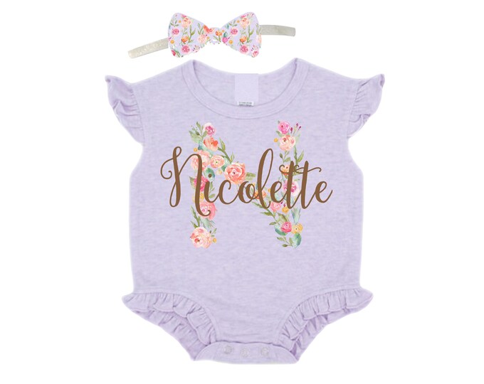 SET - Personalized Name Baby Flutter Sleeve Bubble Romper. Baby Shower Gift. New Born Bring Home Outfit.