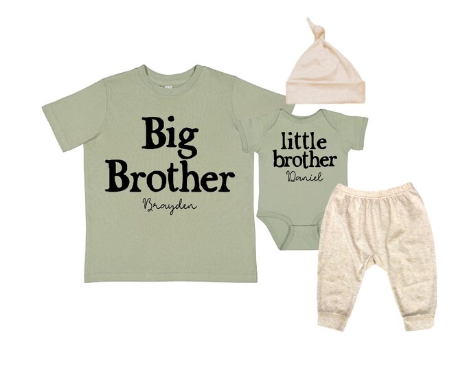 Big Brother Little Brother Matching 4-Piece Set: Bodysuit, Shirt, Pants, Hat - Matching Brothers, Baby Shower