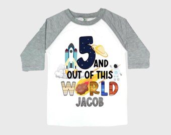 Personalized Space Birthday FIVE Astronaut theme Birthday Shirt. 5th Birthday. Boy's Birthday Shirt. Spaceship Space ship Birthday Shirt.