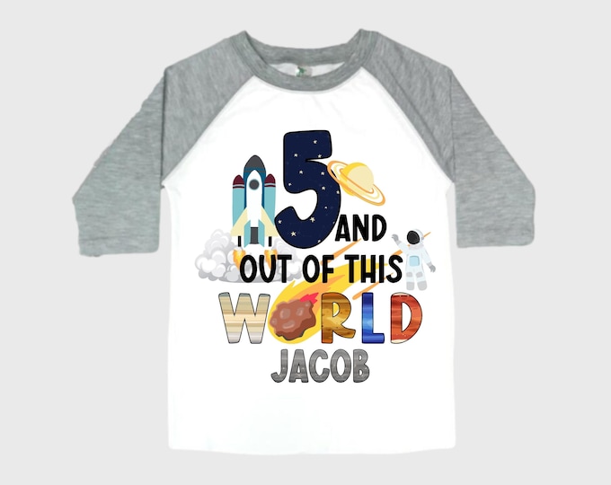 Personalized Space Birthday FIVE Astronaut theme Birthday Shirt. 5th Birthday. Boy's Birthday Shirt. Spaceship Space ship Birthday Shirt.