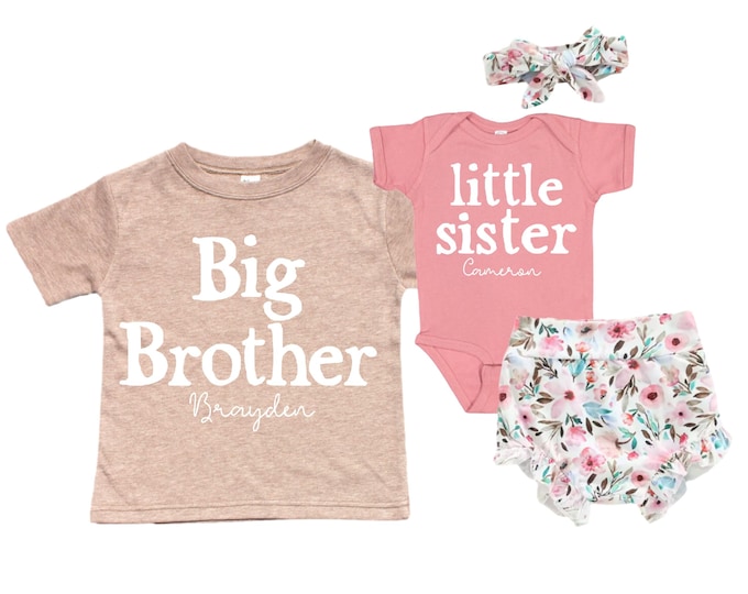 Complete SET - Big Brother Little Sister Matching Sibling Set. Baby Shower, Newborn Outfit, Name Announcement