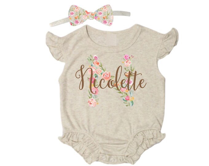 SET - Personalized Name Baby Outfit Ruffle Bubble Romper. Baby Shower Gift. New Born Bring Home Outfit.