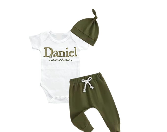 Set - Personalized Name Baby Outfit. Baby Shower Gift. New Born Bring Home Outfit.