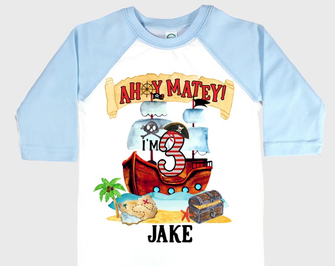 Personalized Pirate Ship theme Birthday Shirt. THREE Birthday. Boy's Pirate Birthday. Timber me Shivers. Arr Matey. Ahoy Matey. Arrgh. 3rd