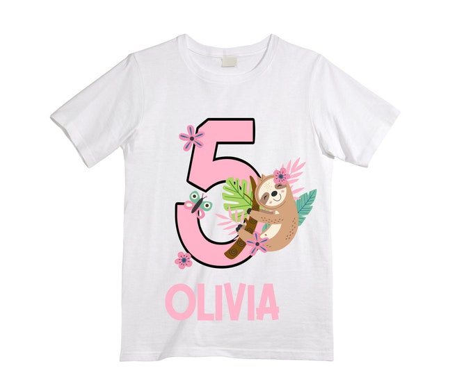 Personalized Sloth FIVE Birthday Girl Shirt. Cake Smash Short Sleeve Birthday Shirt. 5th . Birthday Shirt