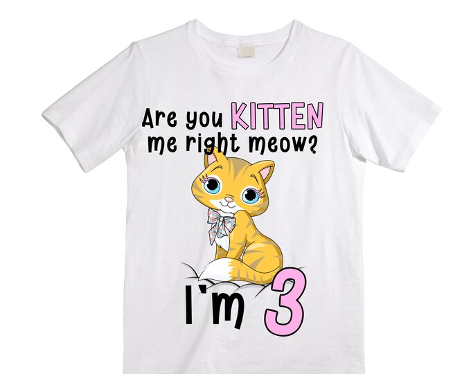 Cat / Kitten / Are you Kitten Me Right meow / Purr fectly  THREE Birthday Girl Shirt. Cake Smash Birthday Shirt. Three . Birthday Shirt