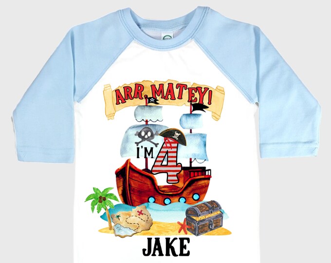 Personalized Pirate Ship FOUR  Raglan Pirate Ship theme Birthday Shirt. Arr matey. Ahoy Matey. Timber Me Shivers. 4th Pirate themed Party.