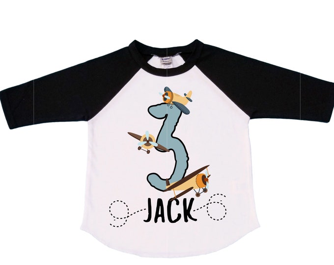 Personalized Airplane theme Birthday Shirt. THREE Birthday. Boy's Airplane Birthday Shirt. Airplane Racing Birthday Shirt.