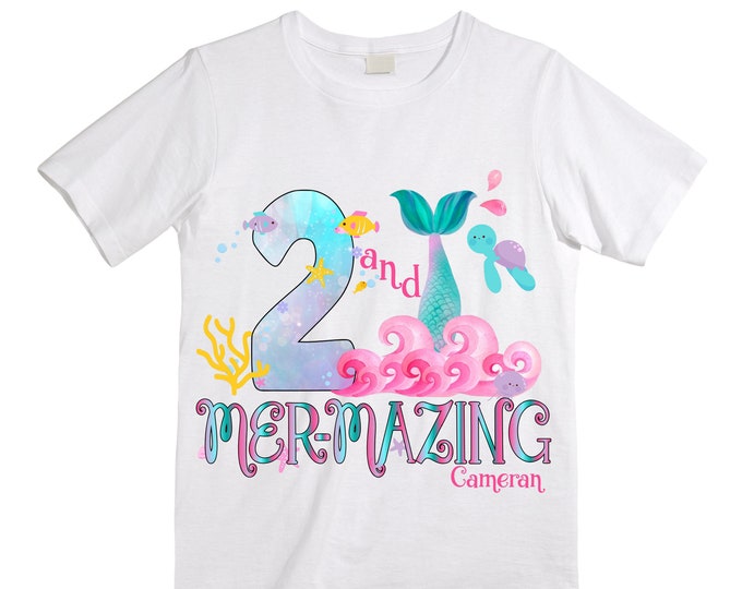Personalized Mermaid Under the Sea Second Birthday TWO Birthday Girl Shirt. Cake Smash Sleeve Birthday Shirt. TWO . Birthday Shirt.