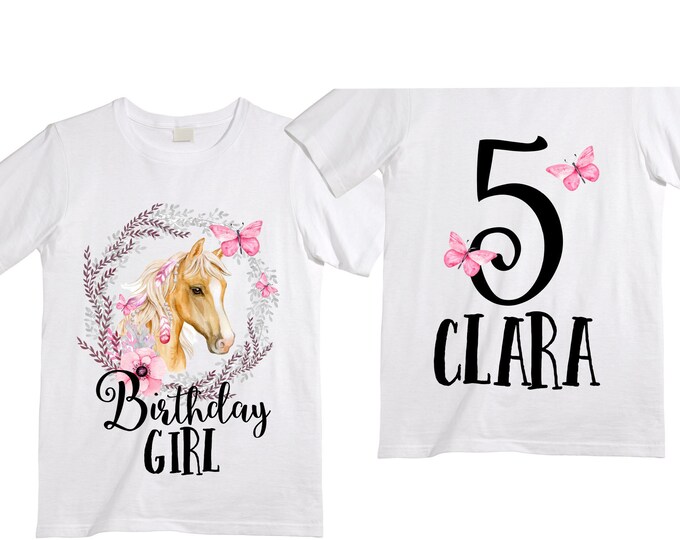 Personalized Horse Unicorn theme Birthday Shirt. Five Birthday. Girl's Floral Dino Birthday Shirt. Dinosaur Birthday Shirt.  5th Birthday