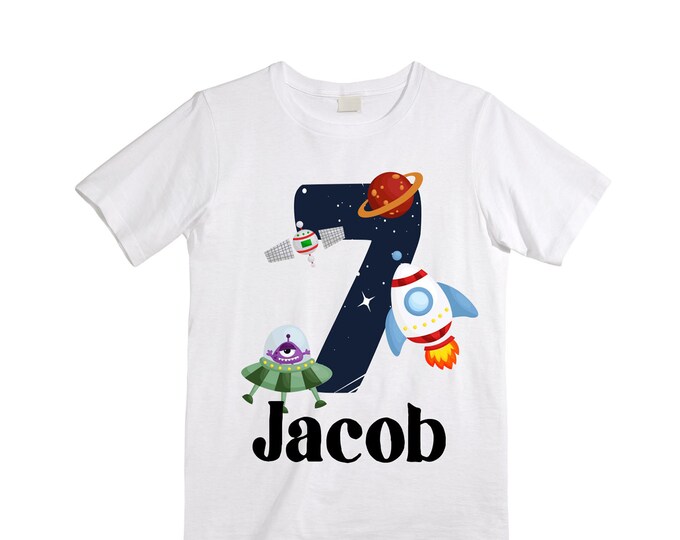 Personalized Space Birthday SEVEN Astronaut theme Birthday Shirt. 7th Birthday. Boy's Birthday Shirt. Spaceship Space ship Birthday Shirt.