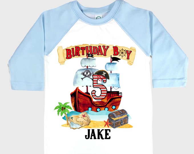 Personalized Pirate Ship FIVE Pirate Ship theme Birthday Shirt. Five Birthday. Boy's Pirate. Ahoy Matey, Arr Matey, Arrgh, Shiver Me Timber