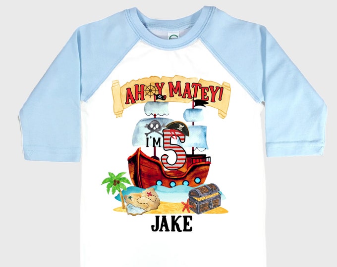 Personalized Pirate Ship FIVE Pirate Ship theme Birthday Shirt. Five Birthday. Boy's Pirate. Ahoy Matey, Arr Matey, Arrgh, Shiver Me Timber