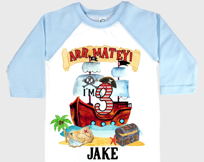 Personalized Pirate Ship theme Birthday Shirt. THREE Birthday. Boy's Pirate Birthday. Timber me Shivers. Arr Matey. Ahoy Matey. Arrgh. 3rd
