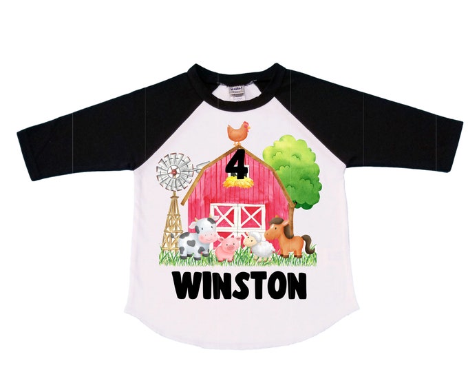 Personalized Farm Barn Farm Animal Tractor theme Birthday Shirt. Four Birthday. Boy's Farm Birthday Shirt. Tractor Birthday Shirt.