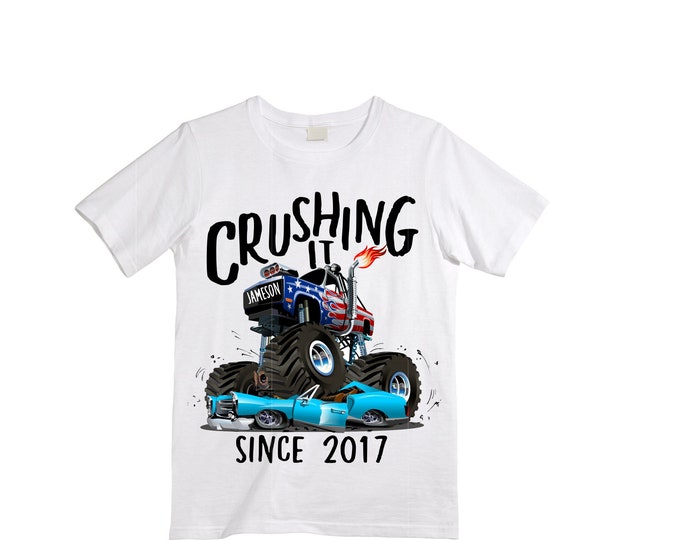 Personalized Monster Truck Crushing IT Birthday Shirt. FOUR  Birthday. Boy's Truck Birthday Shirt. Monster Truck Racing Birthday Shirt.