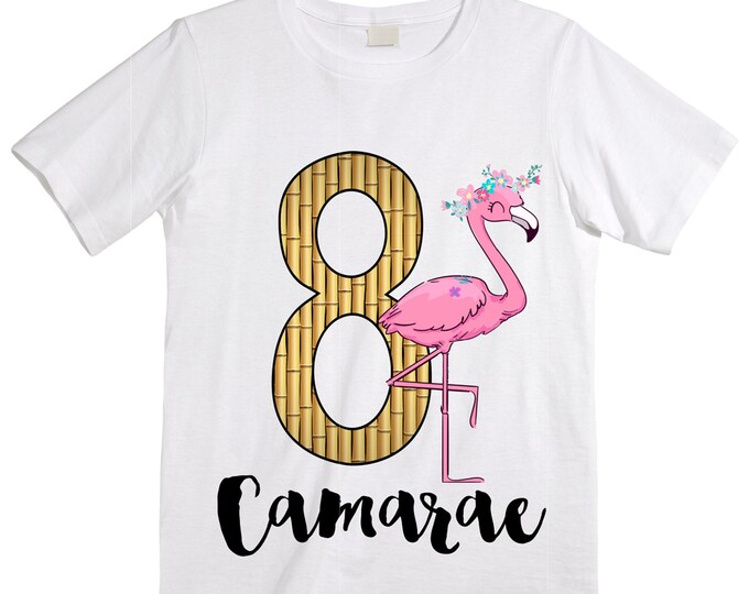 Personalized Flamingo Tropical themed EIGHT Birthday Girl Shirt. Cake Smash Short Sleeve Birthday Shirt. 8th . Birthday Shirt