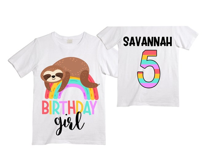 Personalized Sloth FIVE Birthday Girl Shirt. Cake Smash Short Sleeve Birthday Shirt. 5th . Birthday Shirt