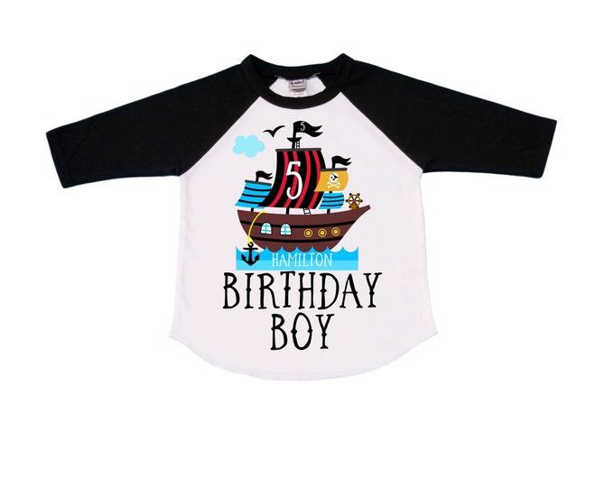 Personalized Pirate Ship FIVE Raglan Pirate Ship theme Birthday Shirt. Five Birthday. Boy's Pirate Birthday . Pirate themed Party Shirt.