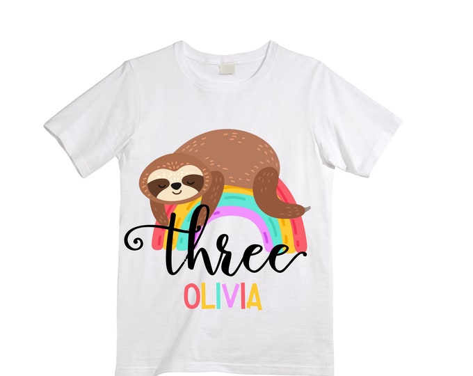 Personalized Sloth Themed THREE Birthday Girl Shirt. Cake Smash Sleeve Birthday Shirt. Three . Birthday Shirt
