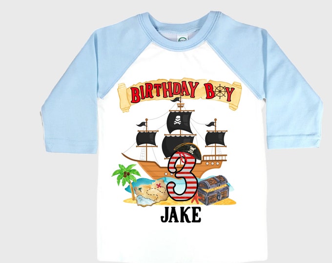 Personalized Pirate Ship theme Birthday Shirt. THREE Birthday. Boy's Pirate Birthday. Timber me Shivers. Arr Matey. Ahoy Matey. Arrgh. 3rd