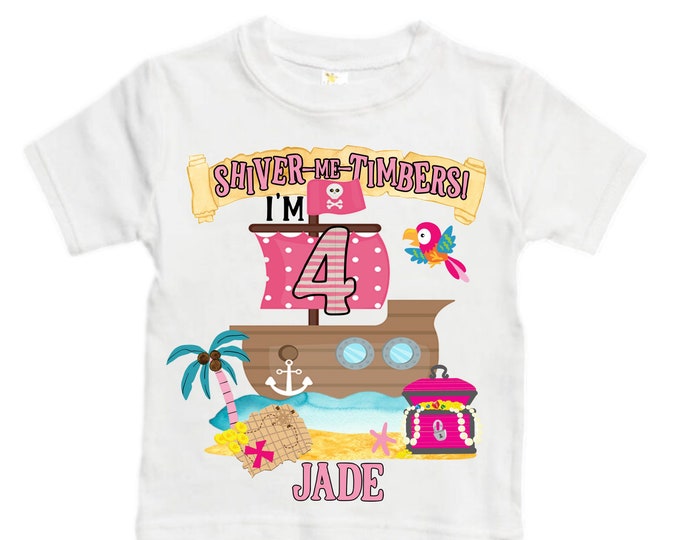Personalized Pirate Ship Rainbow Four Birthday Girl Shirt. Ahoy Matey, Arrgh, Arr Matey. Shiver Me Timbers Pirate Themed 4th Birthday