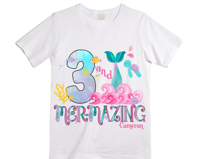 Personalized Mermaid Under the Sea Third THREE Birthday Girl Shirt. Cake Smash Sleeve Birthday Shirt. Birthday Shirt
