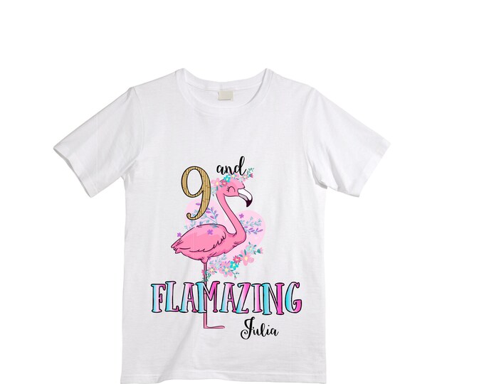 Personalized Flamingo Tropical Themed NINE Birthday Girl Shirt. Cake Smash Short Sleeve Birthday Shirt. 9th . Birthday Shirt
