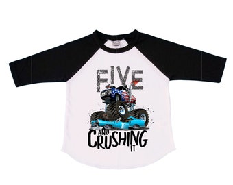 Personalized Monster Truck Crushing IT Birthday Shirt. FIVE Birthday. Boy's Truck Birthday Shirt. Monster Truck Racing Birthday Shirt.