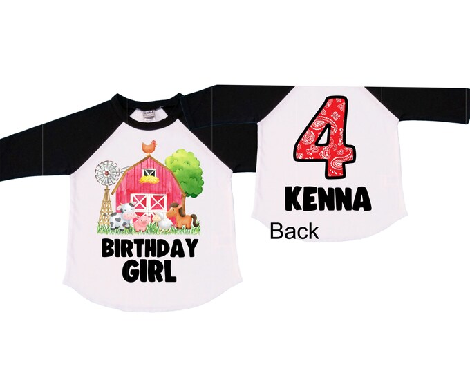 Personalized Farm Barn Farm Animal Tractor theme Birthday Shirt. Four Birthday. Girls Cow Farm Birthday Shirt. Tractor Birthday Shirt.