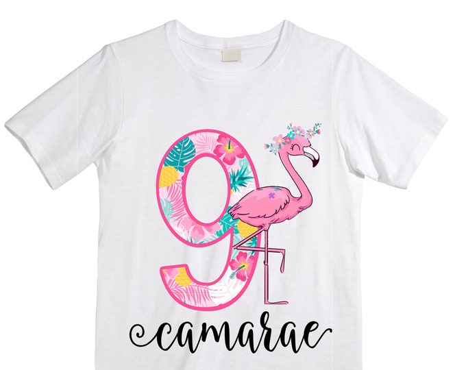 Personalized Flamingo Tropical Themed NINE Birthday Girl Shirt. Cake Smash Short Sleeve Birthday Shirt. 9th . Birthday Shirt