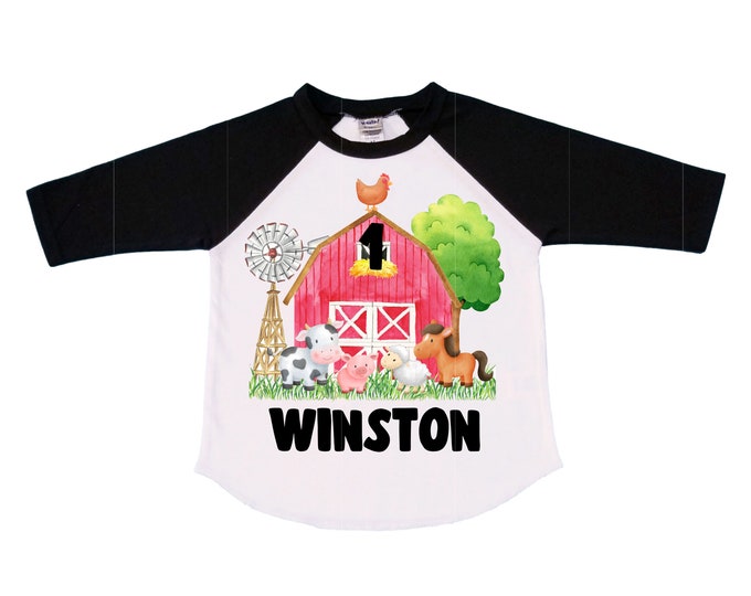Farm Barn Tractor Farm Animal theme Birthday Shirt. ONE Birthday. Boy's Tractor Birthday. Farm Birthday Shirt. First Birthday Cake Smash