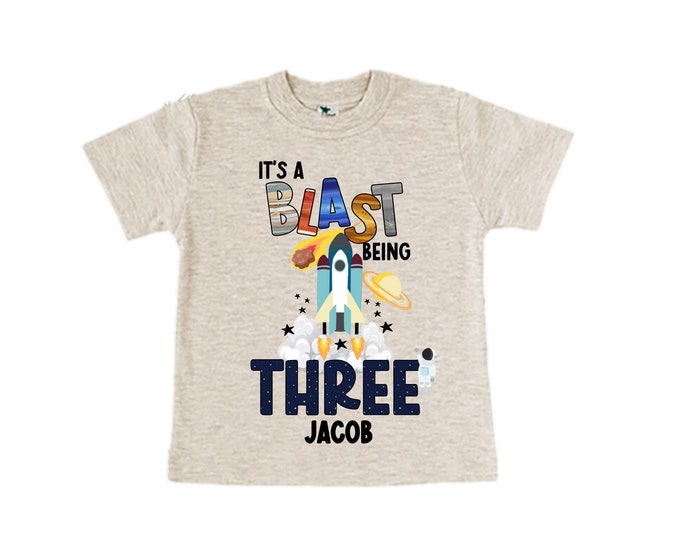 Personalized Space Birthday THREE Astronaut theme Birthday Shirt. THREE Birthday. Boy's Birthday Shirt. Spaceship Space ship Birthday Shirt.