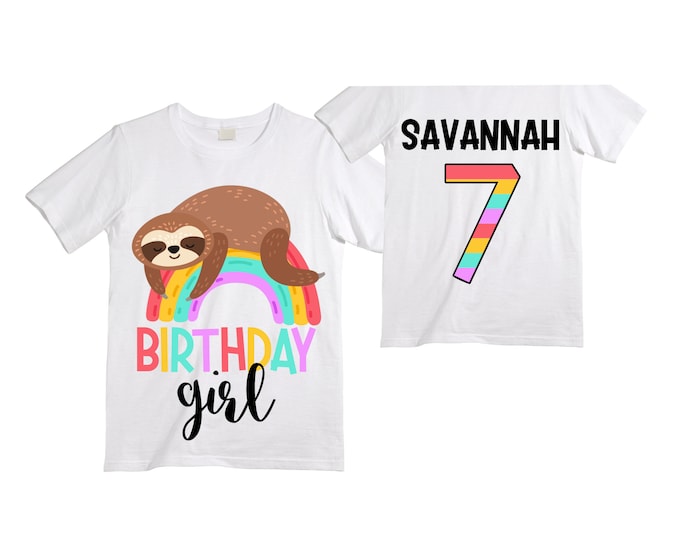 Personalized Sloth themed SEVEN  Birthday Girl Shirt. Cake Smash Short Sleeve Birthday Shirt. 7th . Birthday Shirt
