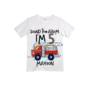 Personalized Sound the Alarm I'm 5 Fire Truck Truck FIVE Raglan Monster Truck theme Birthday Shirt. FIVE Birthday. FireTruck Birthday .